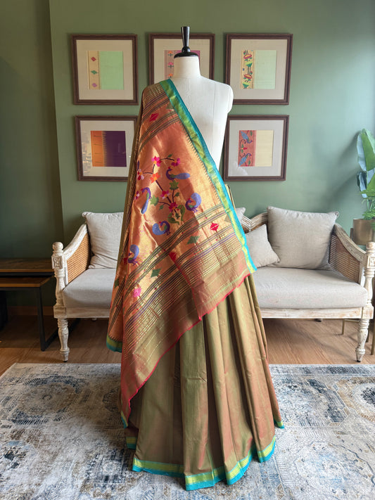 Green x Red Cotton Paithani with Grand Peacock Pallu