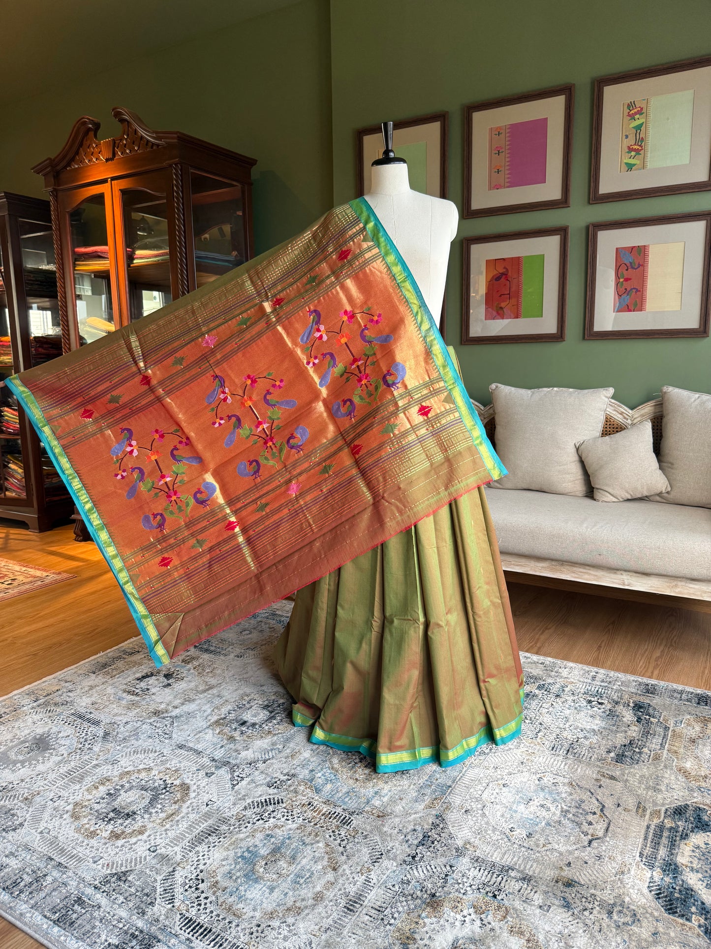 Green x Red Cotton Paithani with Grand Peacock Pallu