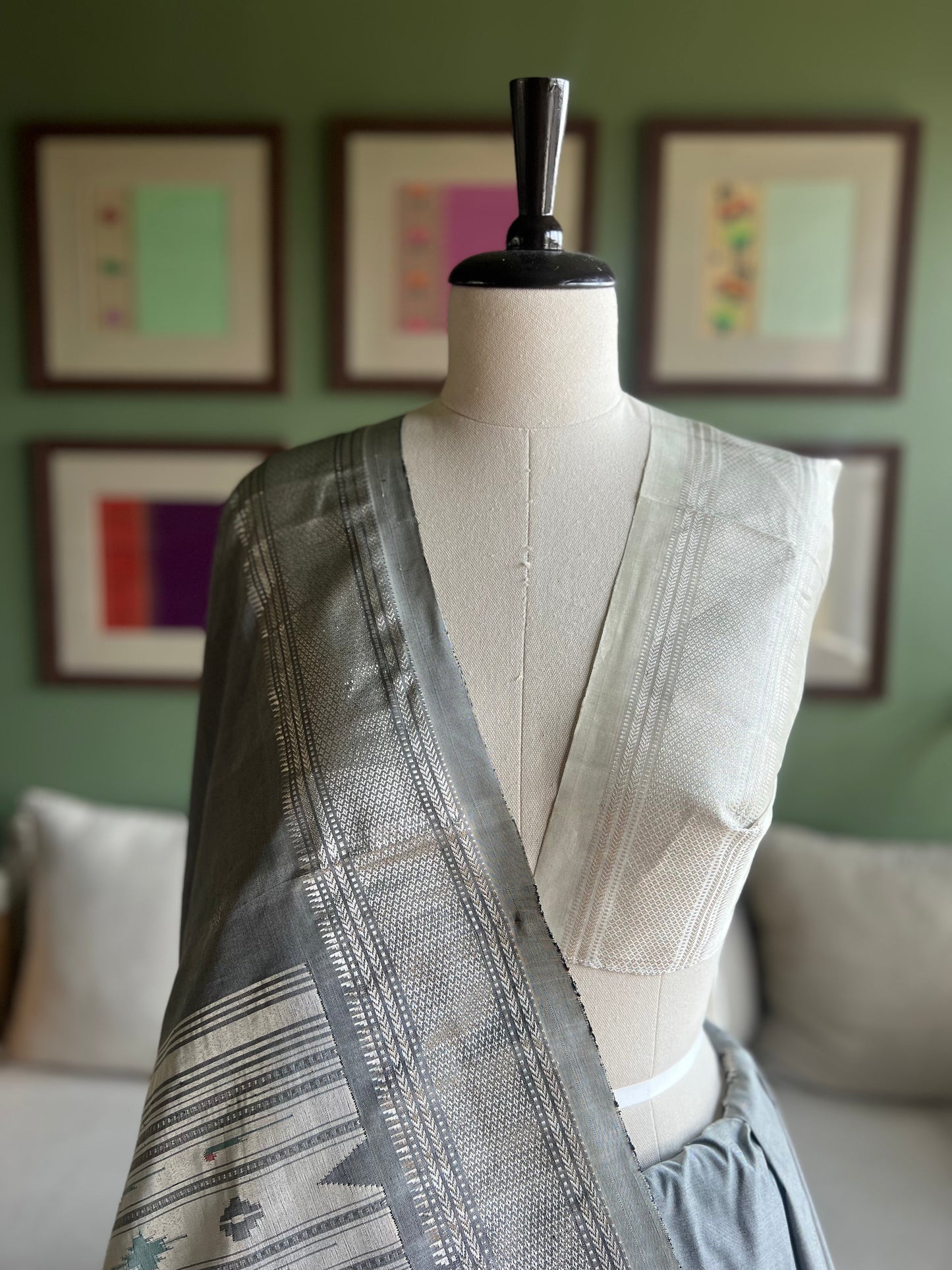 Grey Paithani with Asavali Pallu