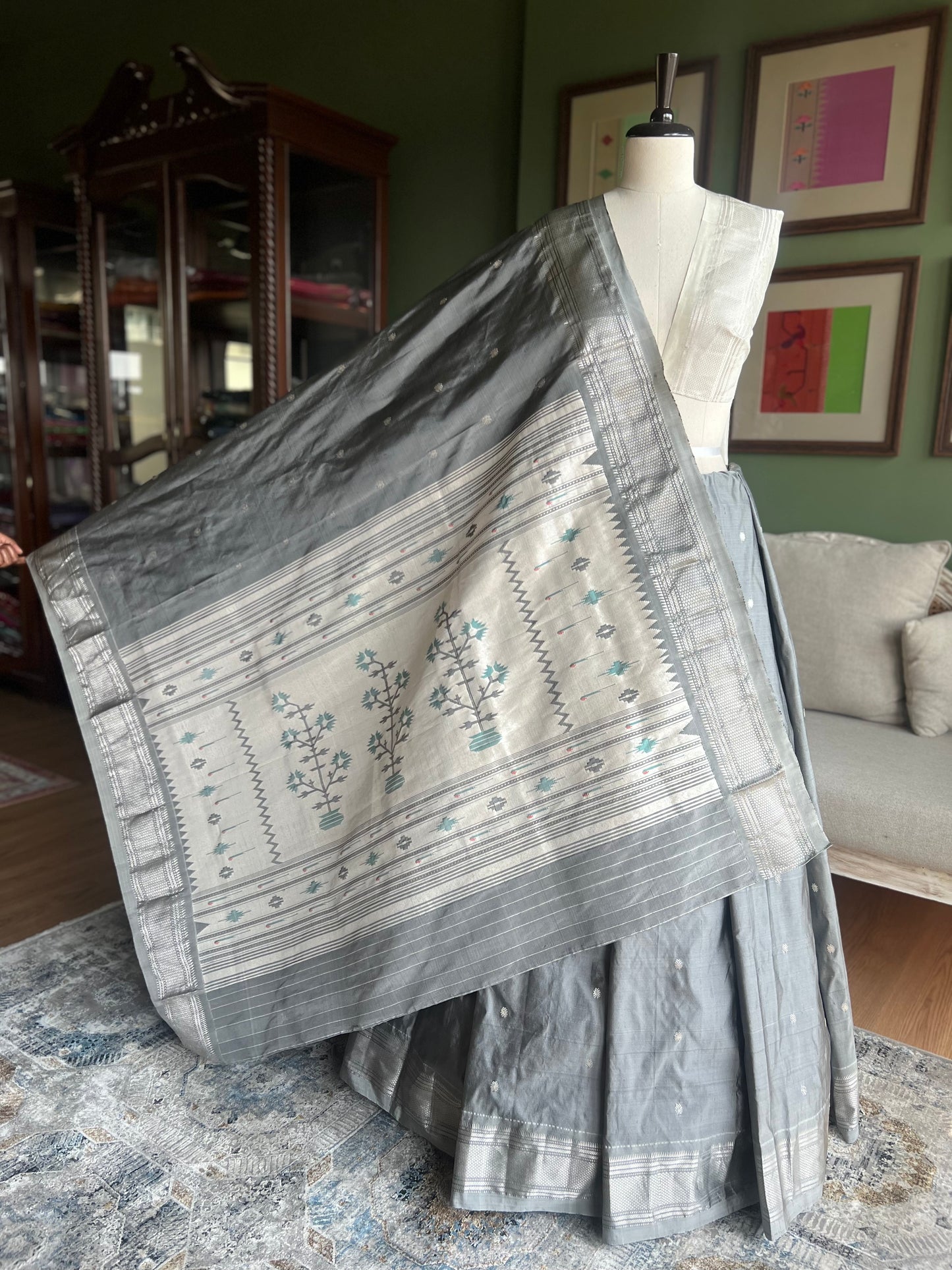 Grey Paithani with Asavali Pallu