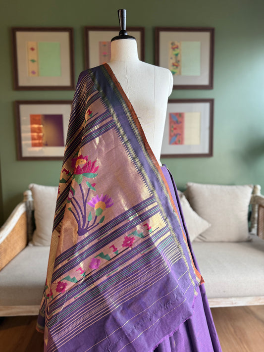 Purple Cotton Paithani with Selvedge and Lotus Pallu