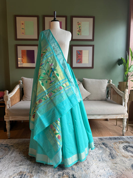 Rama Green Cotton Paithani with Peacock Pallu