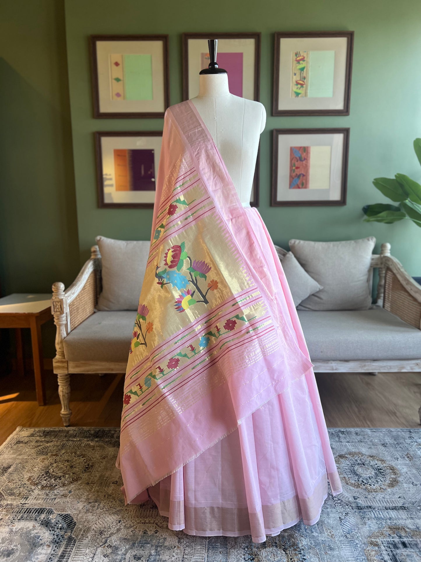 Baby Pink Cotton Paithani with Peacock/Lotus Pallu