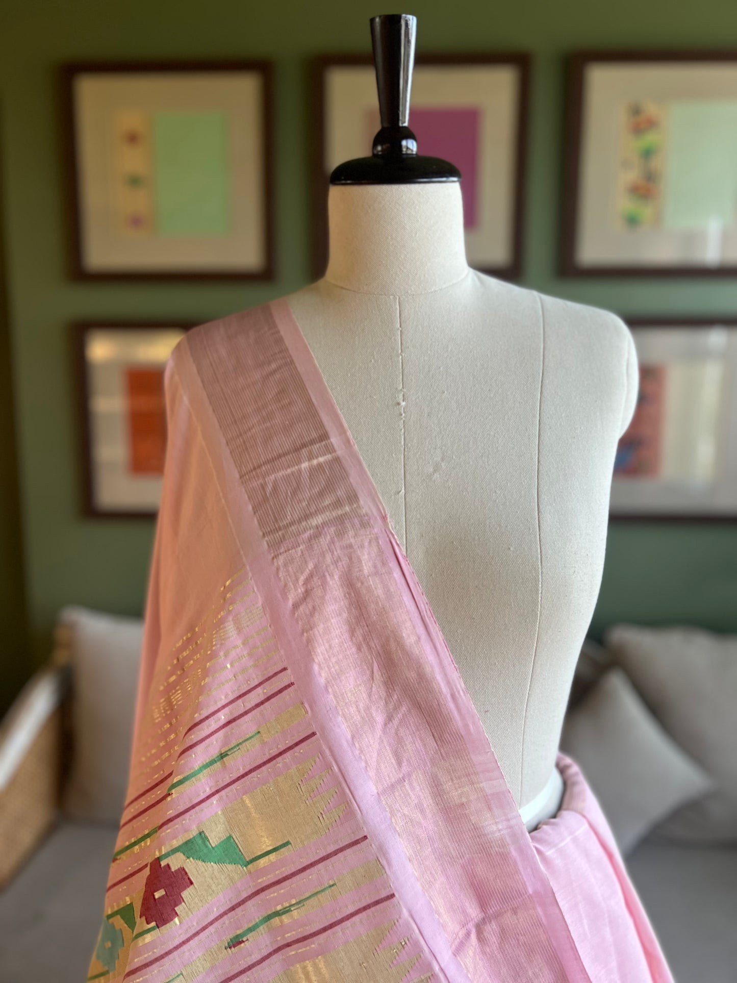 Baby Pink Cotton Paithani with Peacock/Lotus Pallu