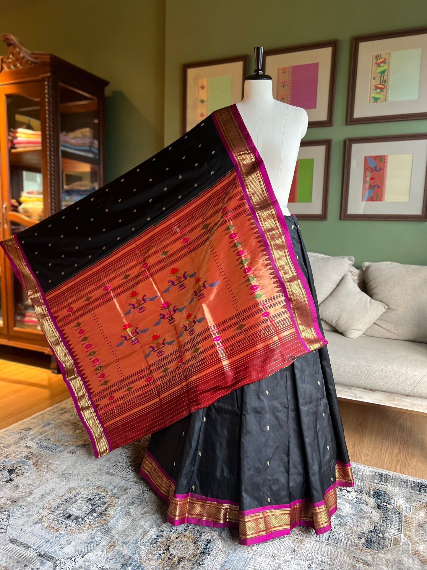 Black Paithani with Contrast Border and Classic Pallu