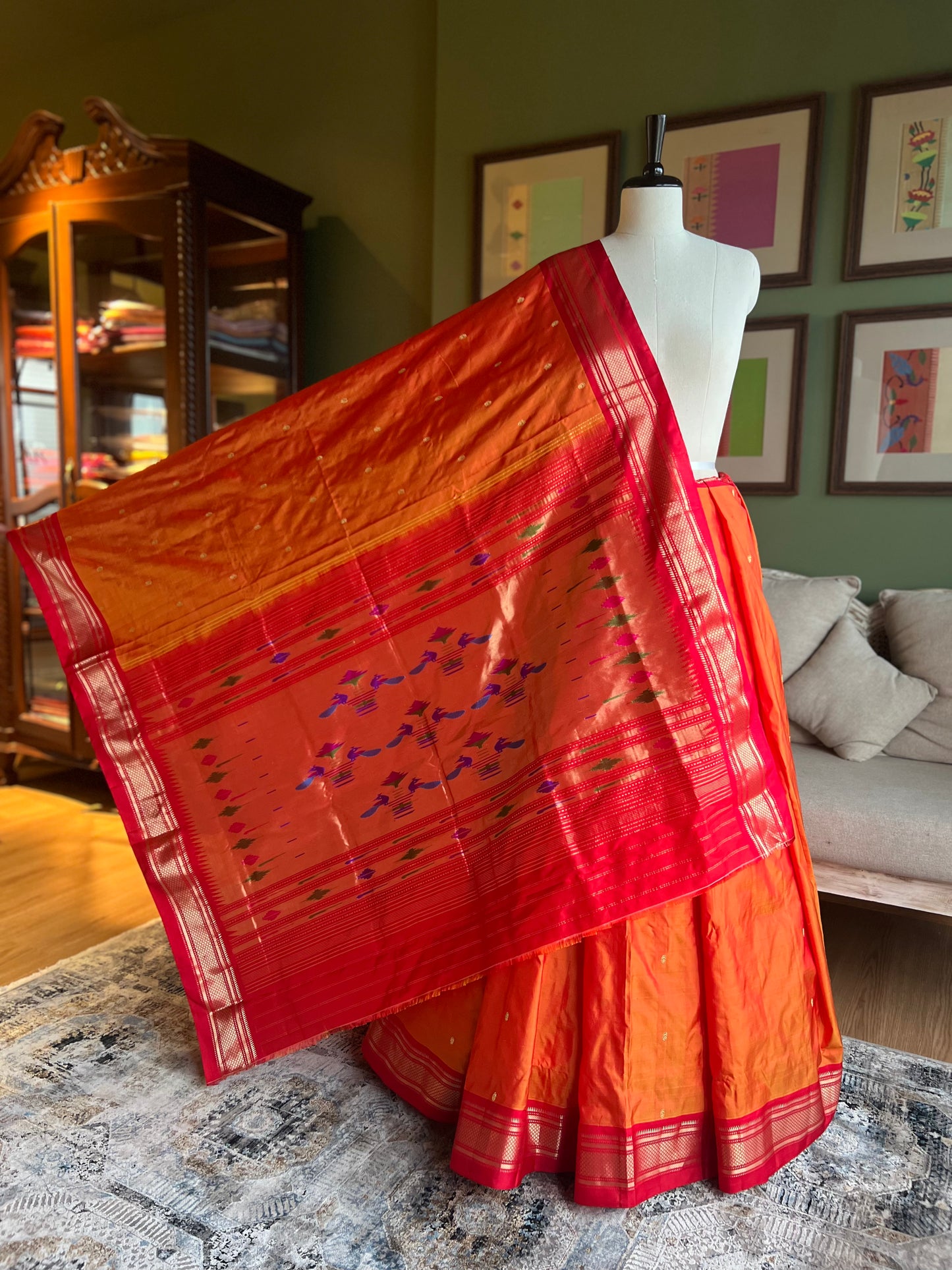 Orange Paithani with Red Border and Classic Pallu