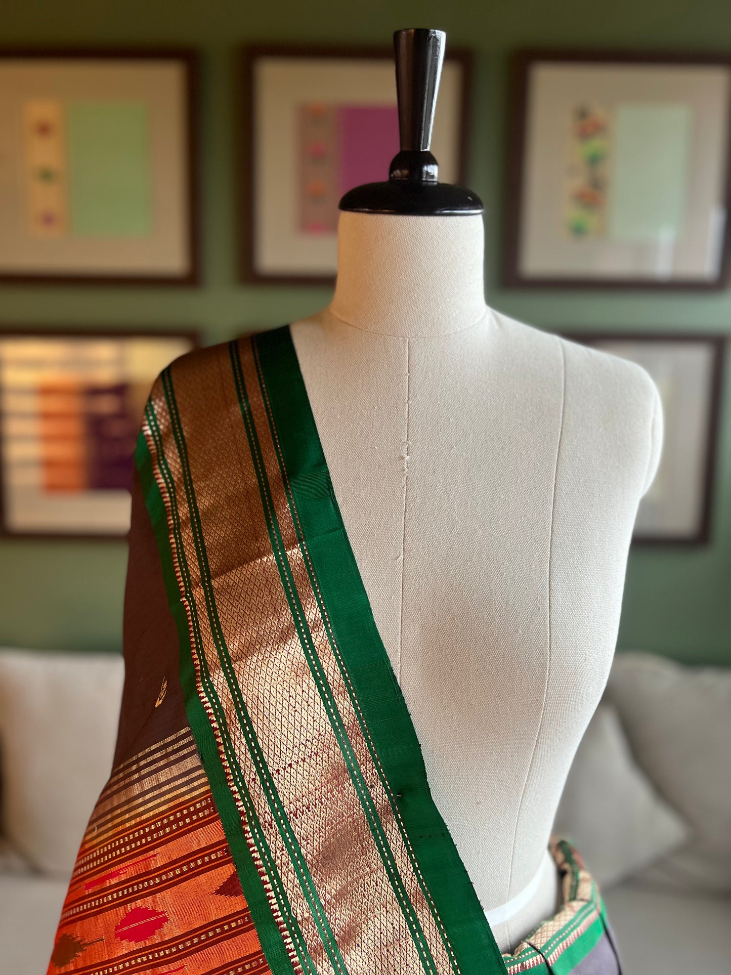 Dark Grey Paithani with Contrast Border and Peacock Pallu