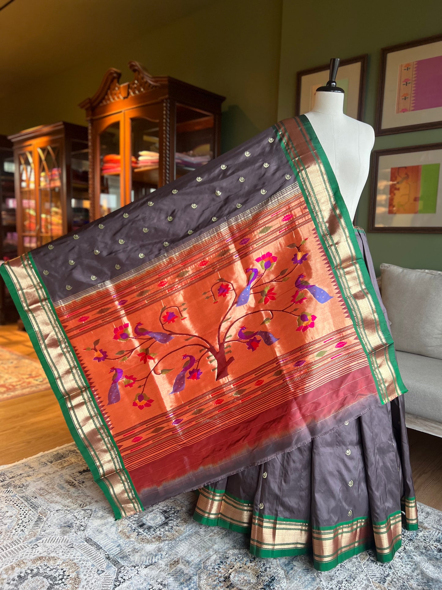 Dark Grey Paithani with Contrast Border and Peacock Pallu