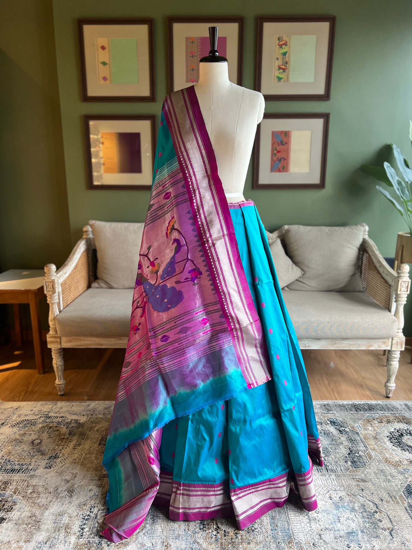 Turquoise Paithani with Contrast Border and Peacock Pallu