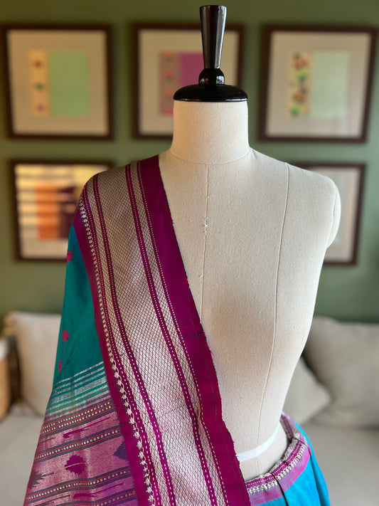 Turquoise Paithani with Contrast Border and Peacock Pallu