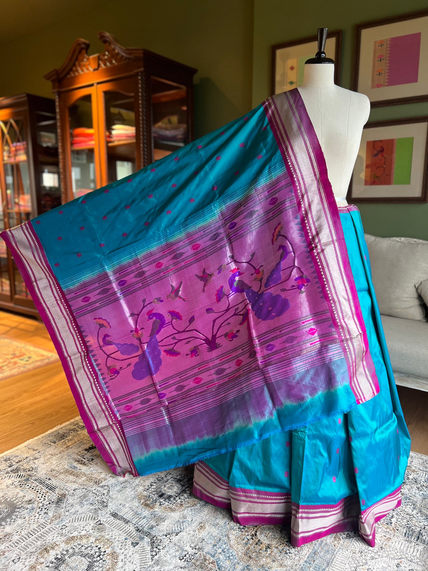 Turquoise Paithani with Contrast Border and Peacock Pallu