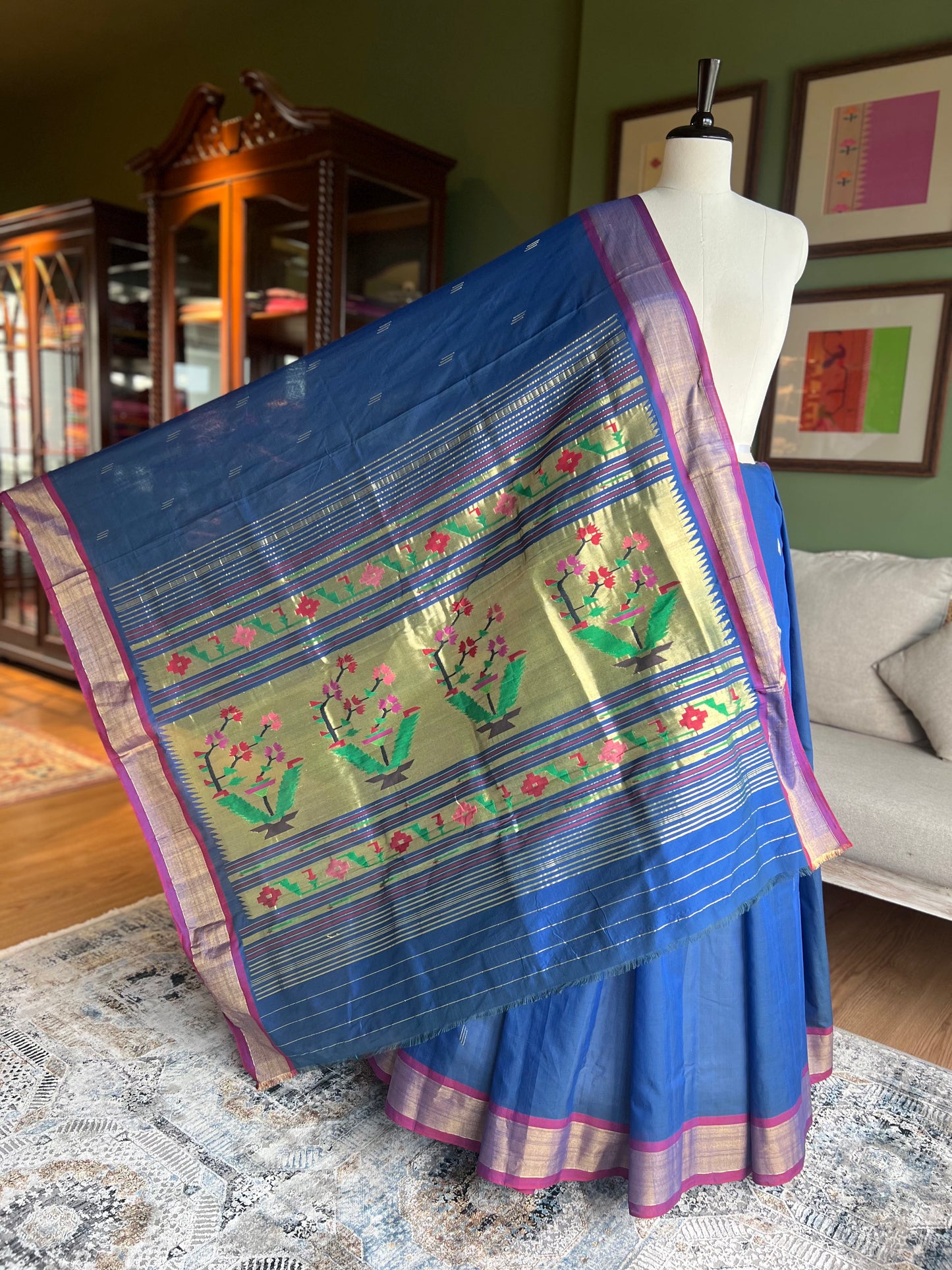 Dark Blue Cotton Paithani with Contrast Border and Asavali Pallu