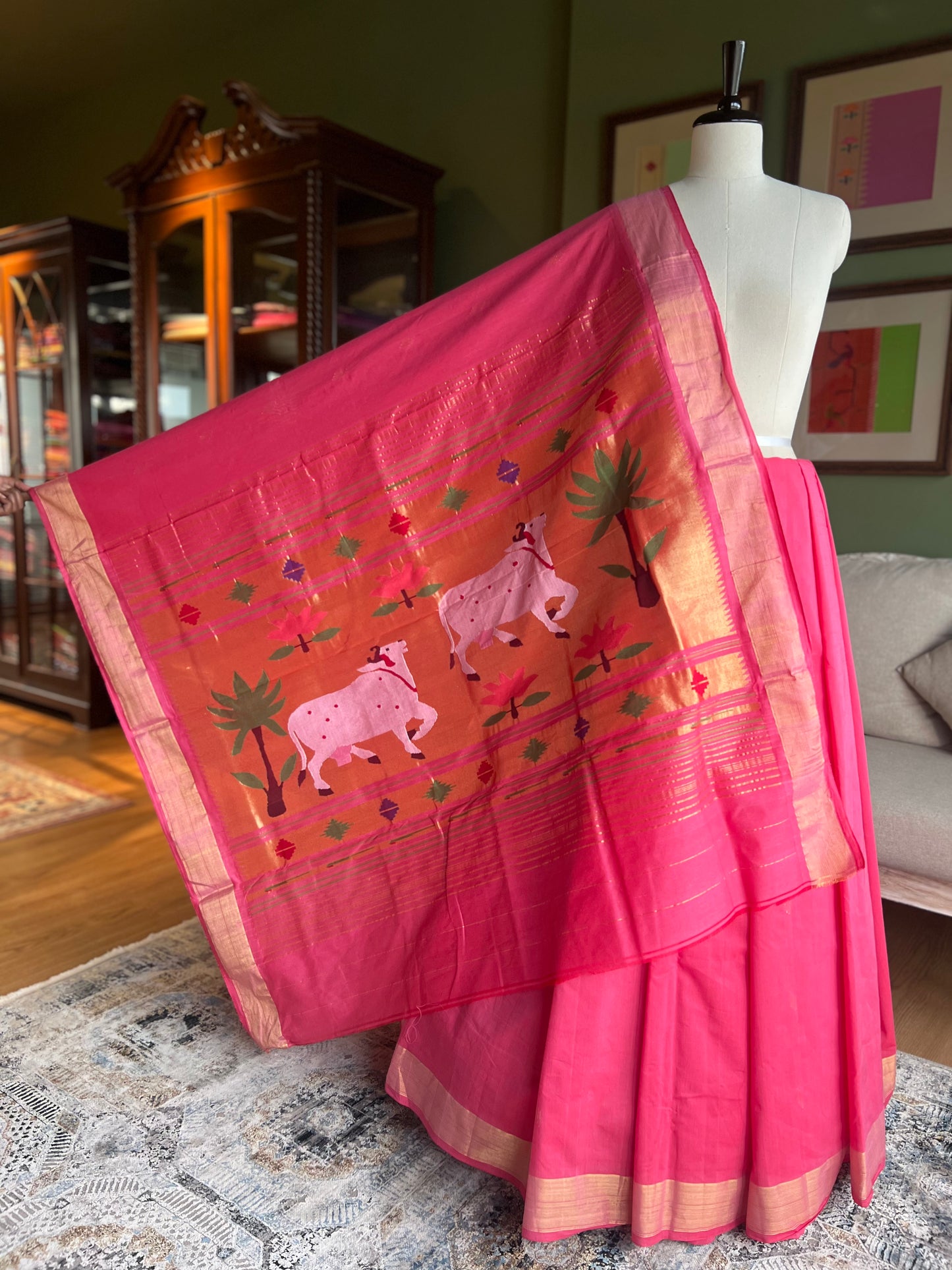 Reddish Pink Cotton Paithani with Pichwai Pallu