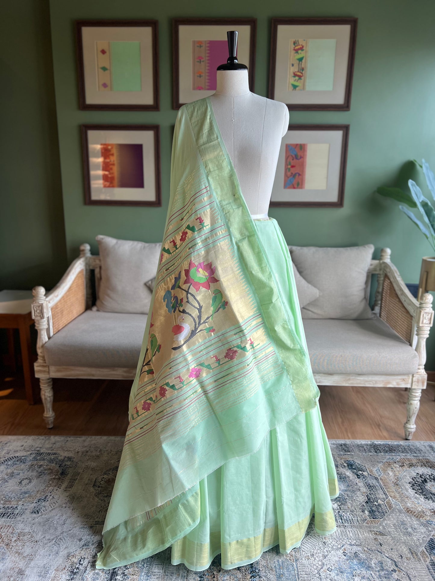 Light Green Cotton Paithani with Peacock/Swan/Parrot Pallu