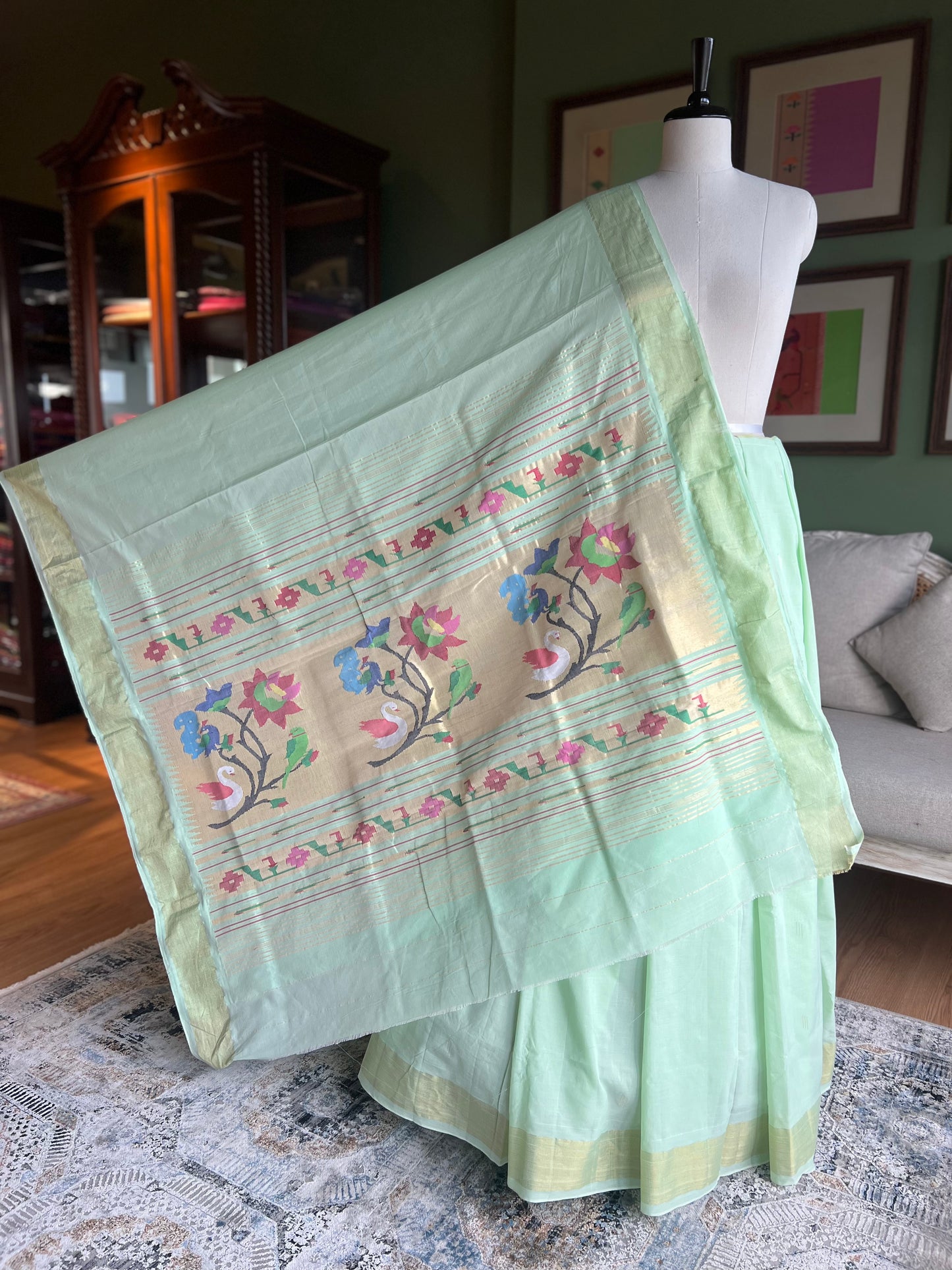 Light Green Cotton Paithani with Peacock/Swan/Parrot Pallu