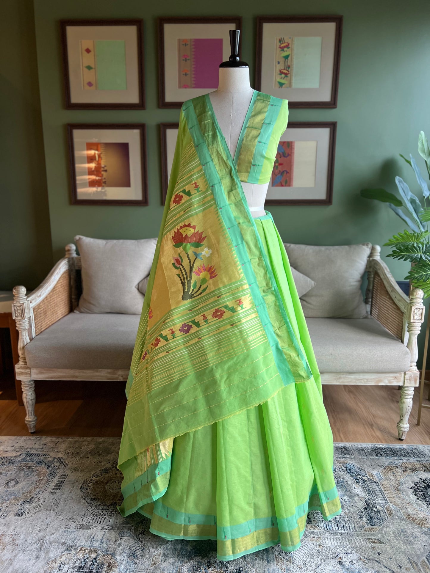 Light Green Cotton Paithani with Muniya Border and Lotus Pallu