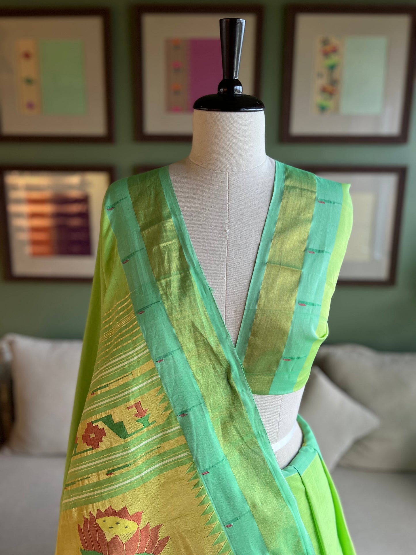 Light Green Cotton Paithani with Muniya Border and Lotus Pallu