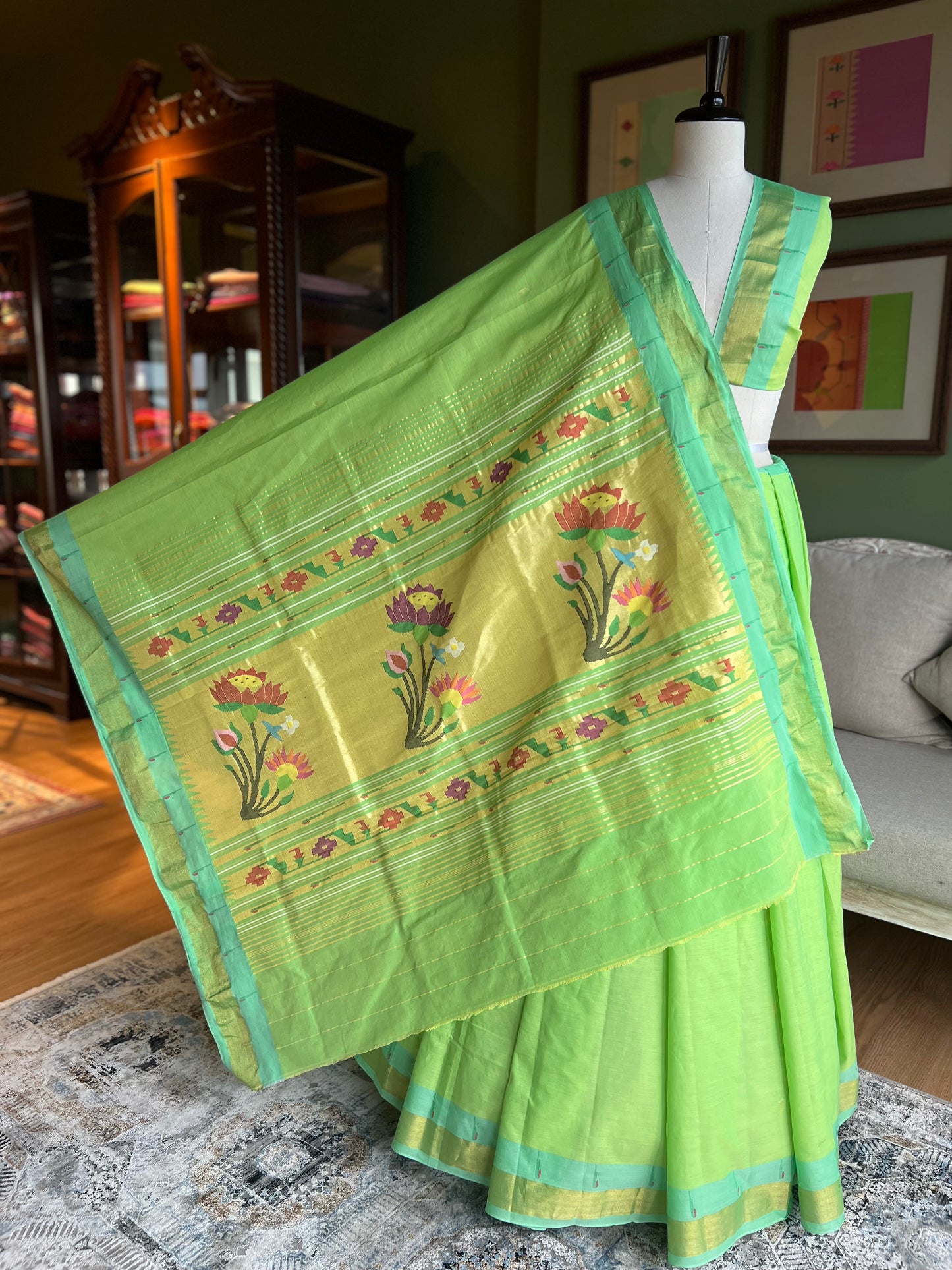 Light Green Cotton Paithani with Muniya Border and Lotus Pallu