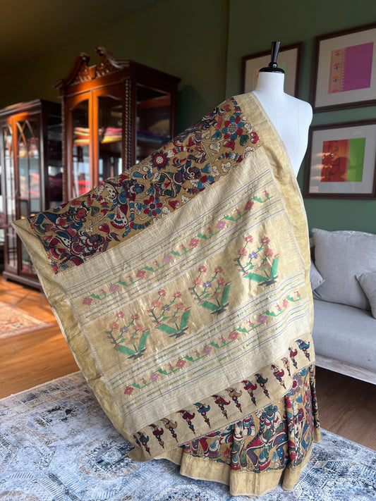 Khaki Kalamkari x Paithani with Asavali Pallu