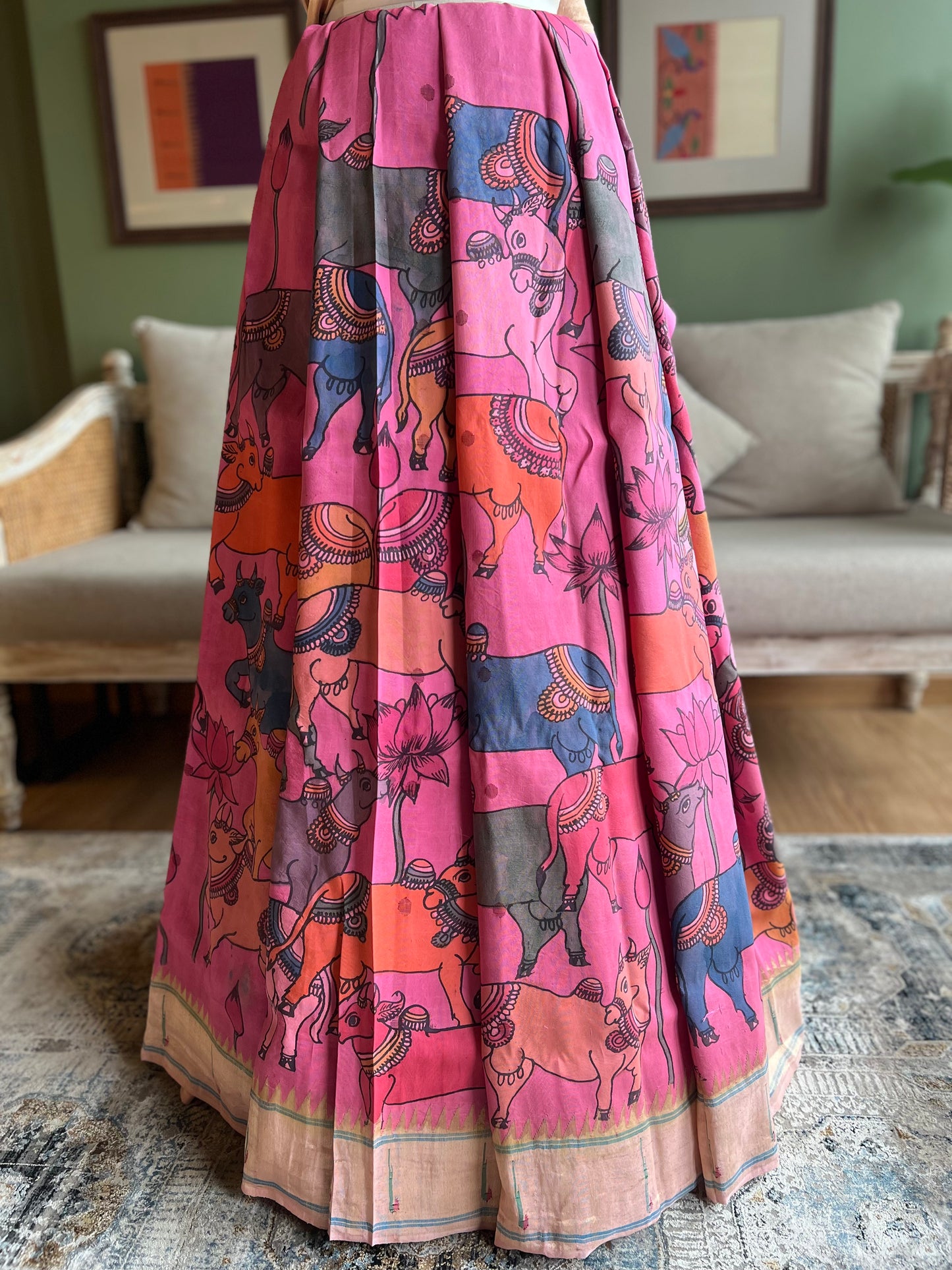 Pink Kalamkari x Paithani with Muniya Border and Radha Krishna Pallu