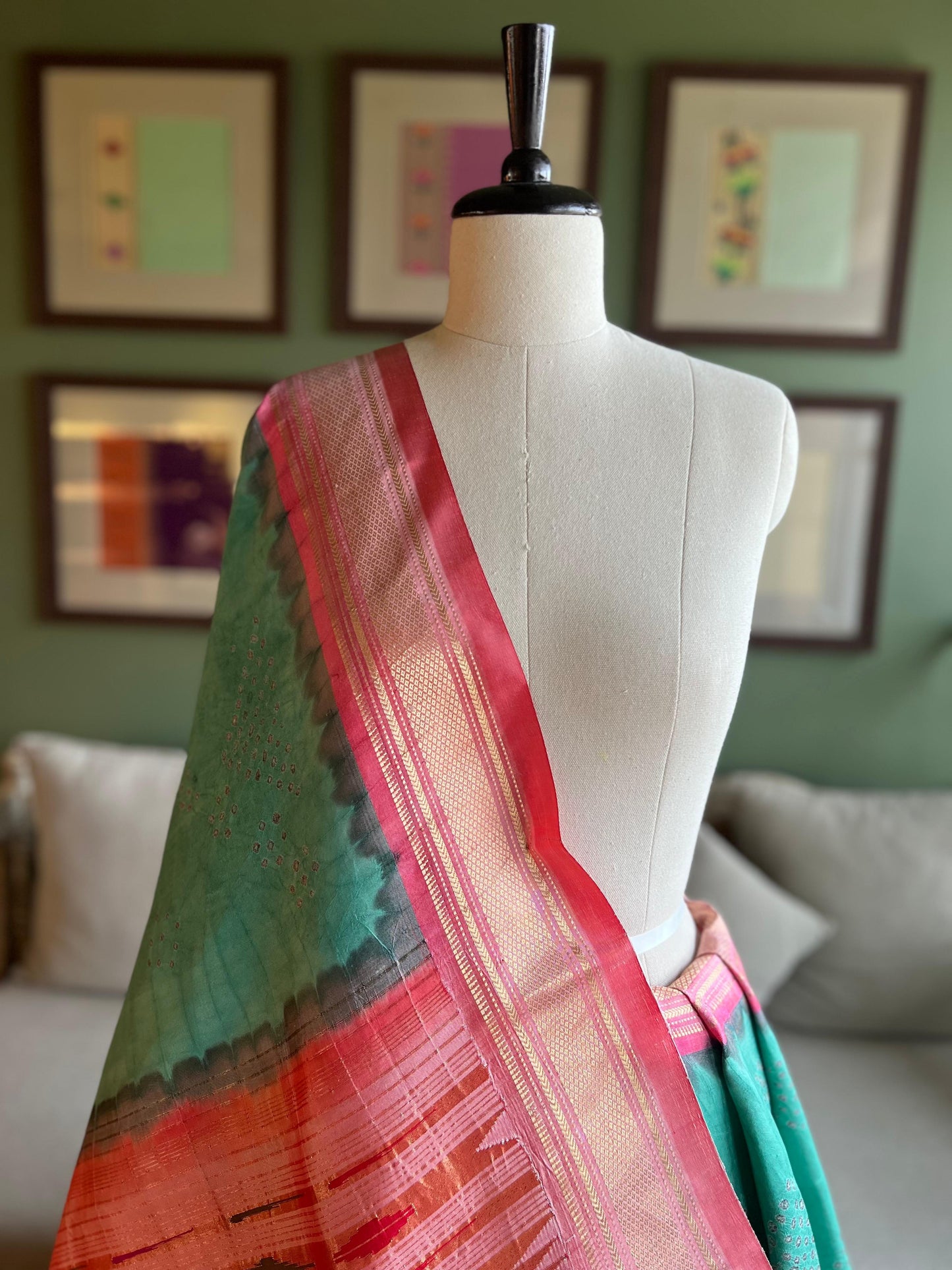 Sea Green Bandhani x Paithani Sari with Contrast Border & Classic Pallu