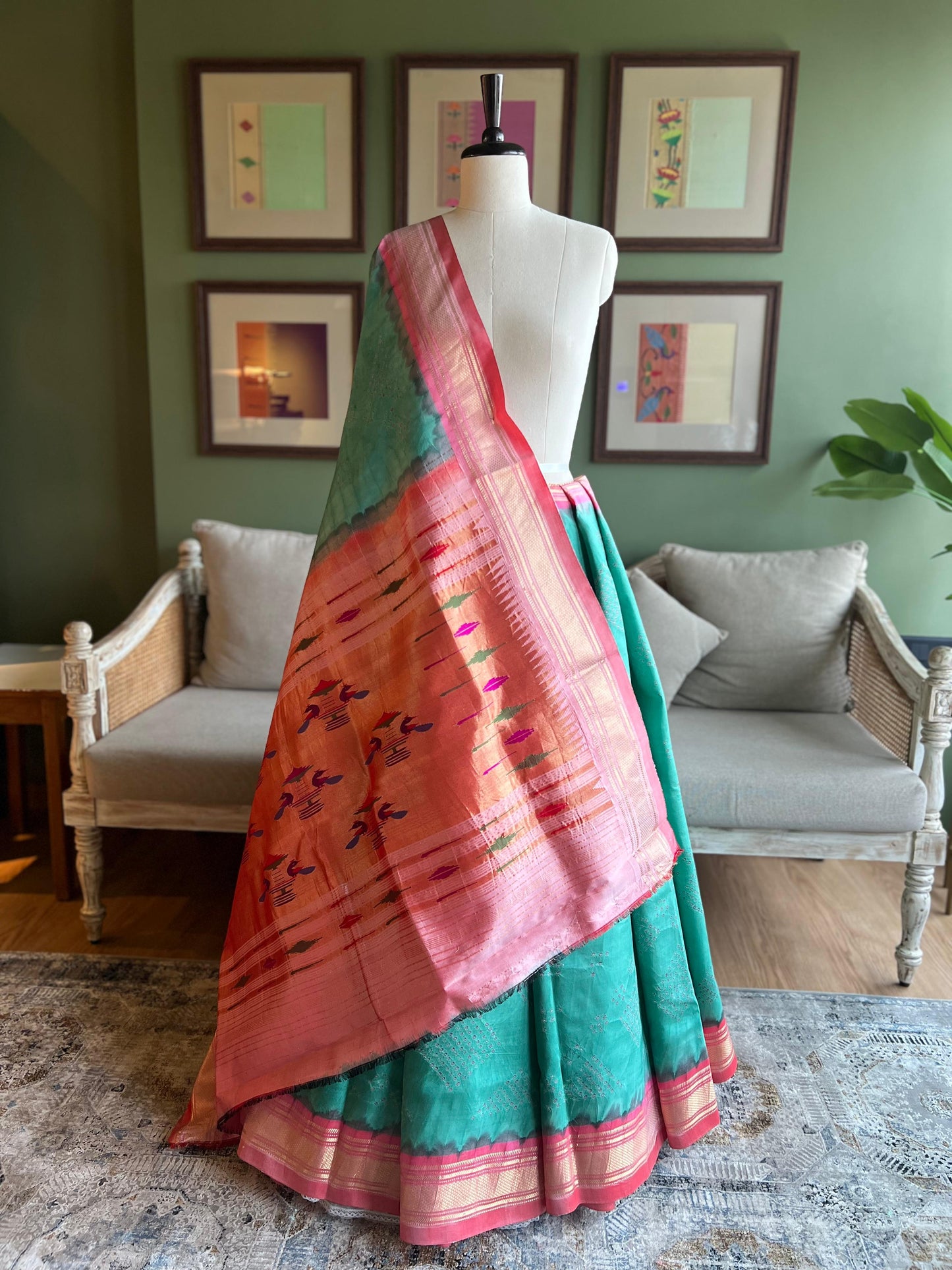 Sea Green Bandhani x Paithani Sari with Contrast Border & Classic Pallu