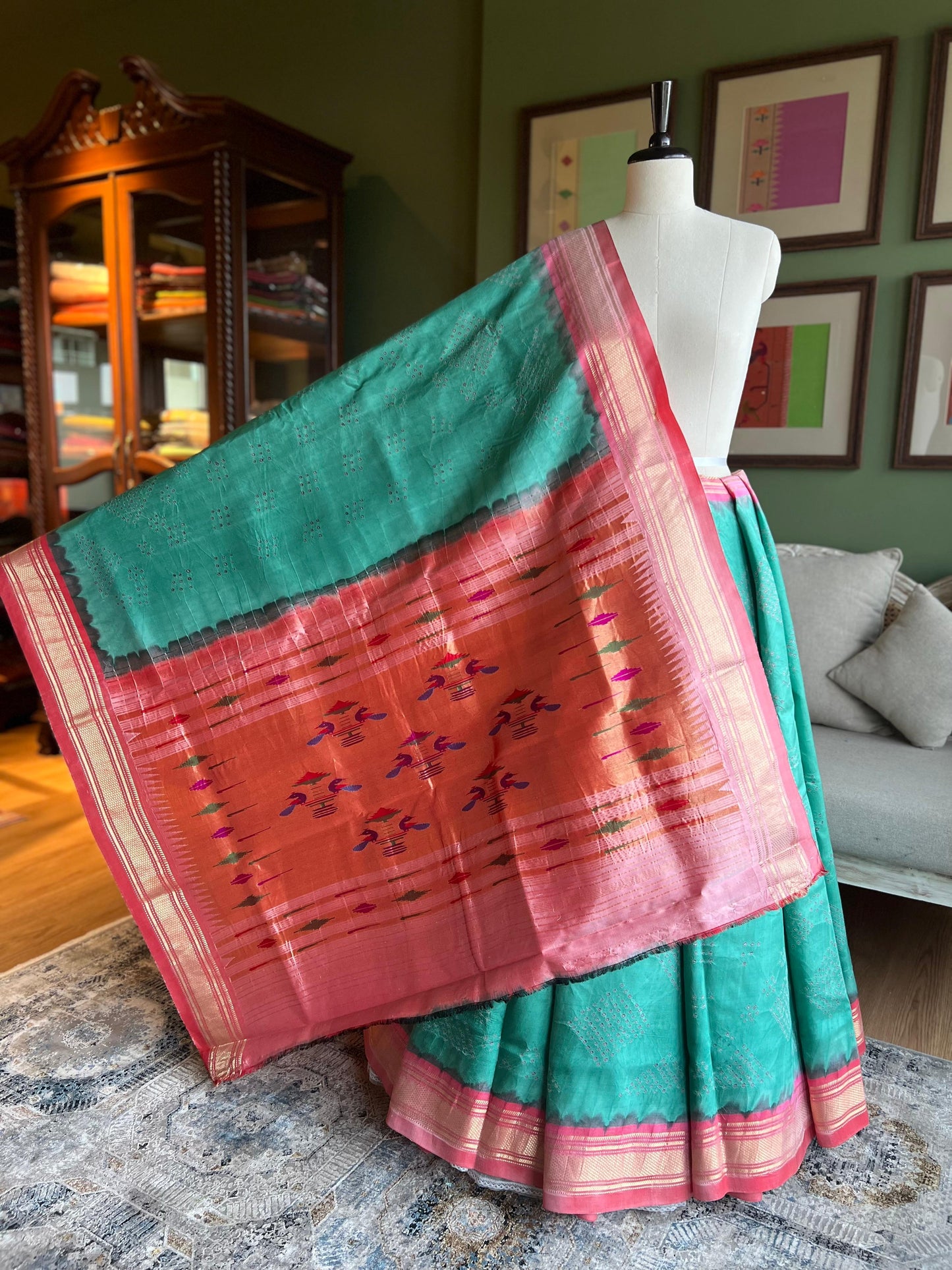 Sea Green Bandhani x Paithani Sari with Contrast Border & Classic Pallu