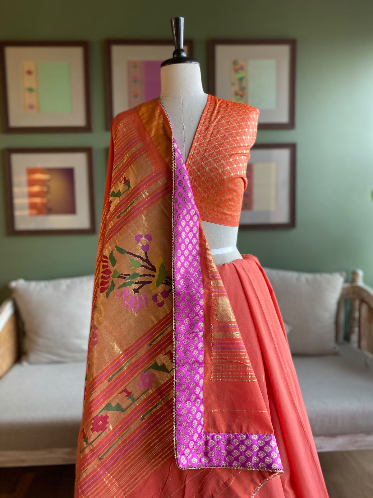 Orange Cotton Paithani with Lotus Pallu