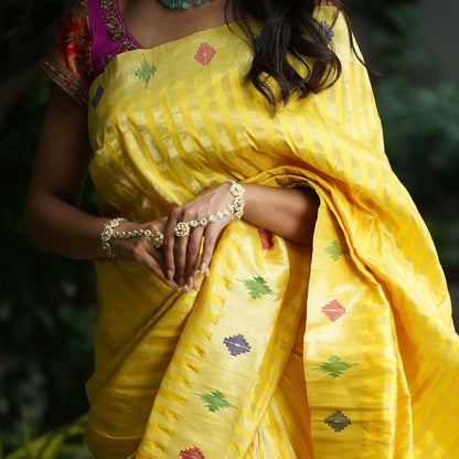 Yellow Rekh Paithani with Barao Panja Border