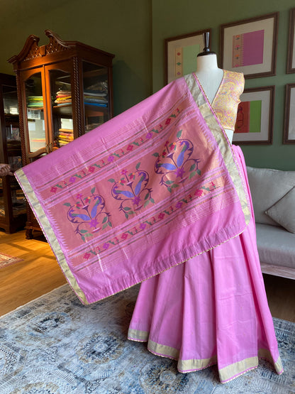 Light Pink Cotton Paithani with Peacock Pallu