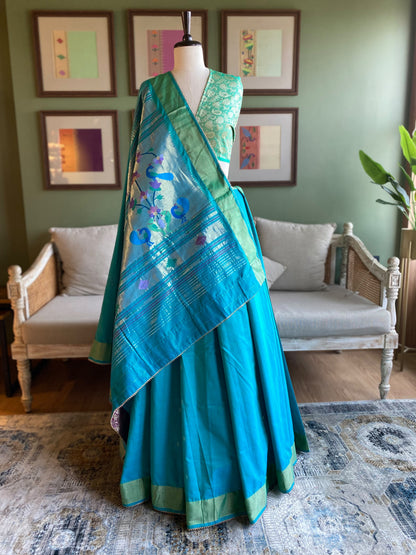 Turquoise Cotton Paithani with Peacock Pallu