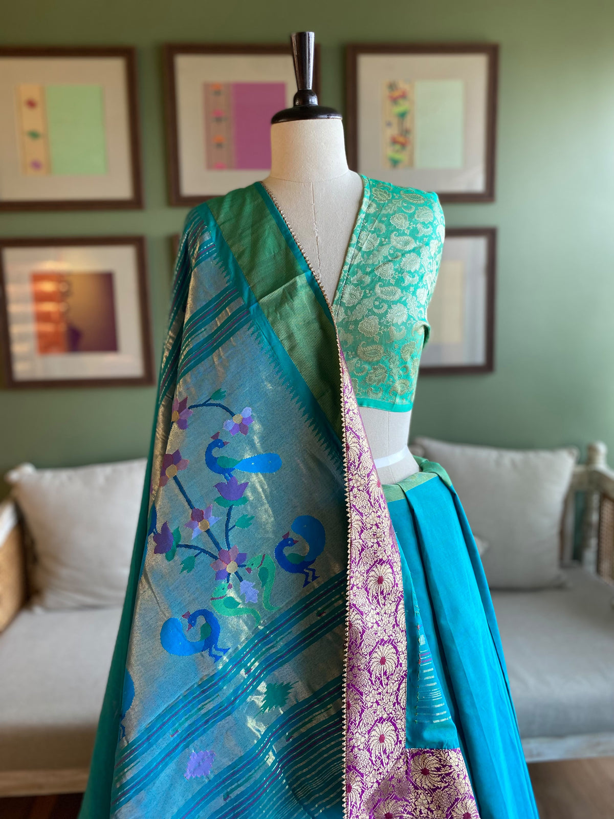 Turquoise Cotton Paithani with Peacock Pallu