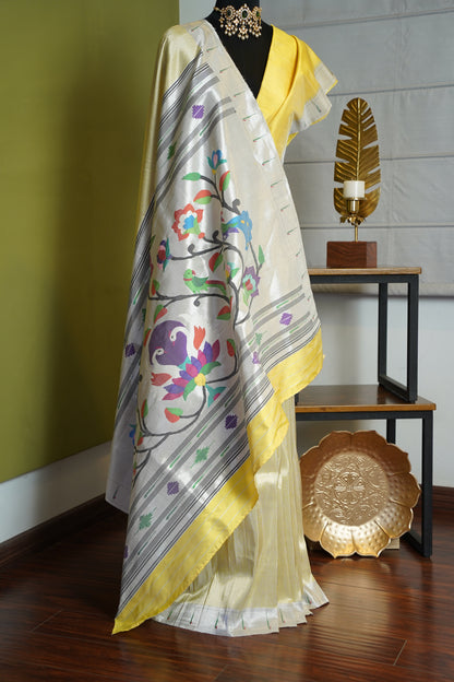 Yellow & Silver Tissue Paithani with Parrots & Swan Pallu