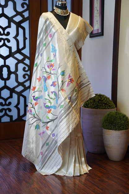 White & Silver Tissue Paithani with Tree of Life Pallu