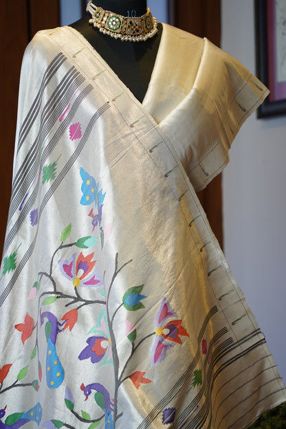 White & Silver Tissue Paithani with Tree of Life Pallu