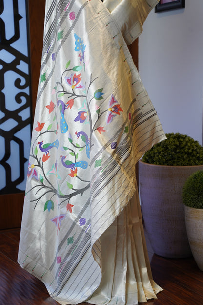 White & Silver Tissue Paithani with Tree of Life Pallu