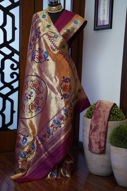 Maroon & Gold Tissue Paithani with 'Bangdi Mor' Pallu