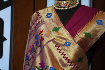 Maroon & Gold Tissue Paithani with 'Bangdi Mor' Pallu