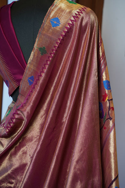 Maroon & Gold Tissue Paithani with 'Bangdi Mor' Pallu