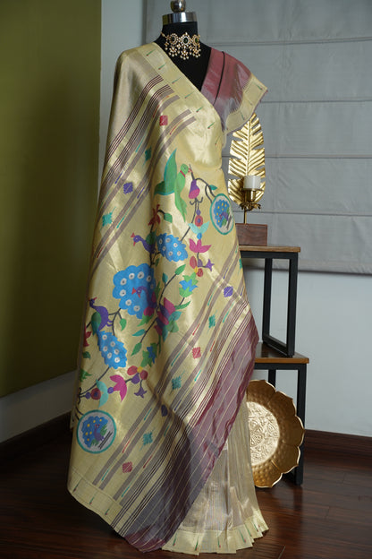 Dull Lavender & Gold Tissue Paithani with Peacock Pallu