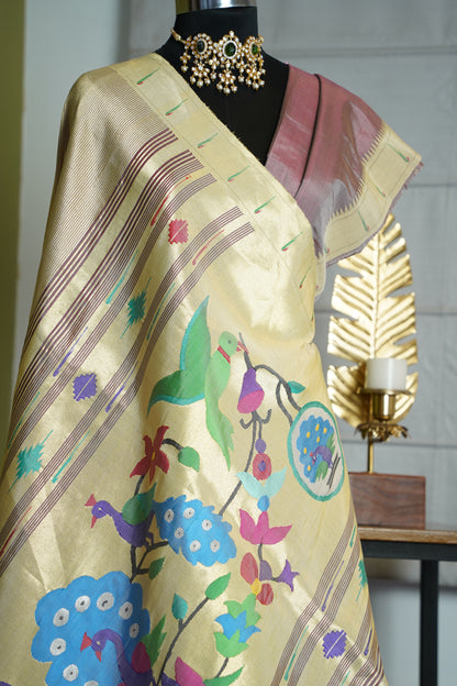 Dull Lavender & Gold Tissue Paithani with Peacock Pallu