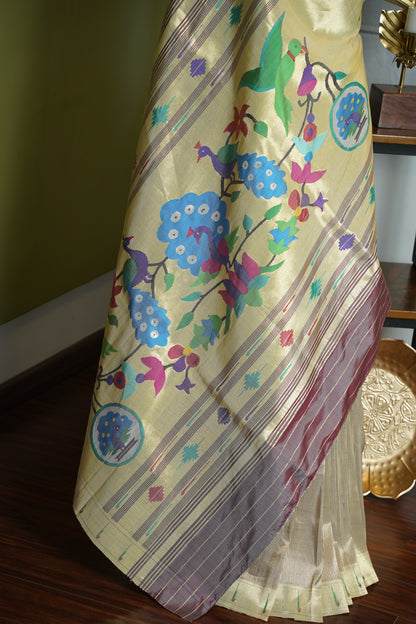 Dull Lavender & Gold Tissue Paithani with Peacock Pallu