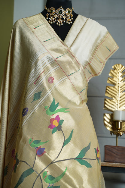 White & Gold Tissue Paithani with Parrots Pallu