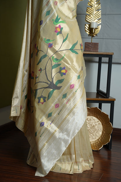 White & Gold Tissue Paithani with Parrots Pallu