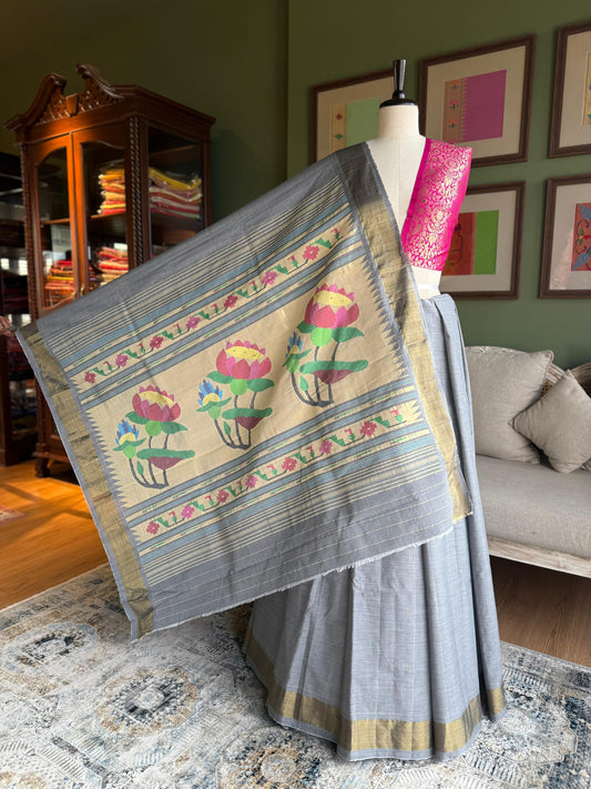 Grey Cotton Paithani with Large Lotus Pallu