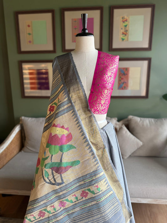 Grey Cotton Paithani with Large Lotus Pallu