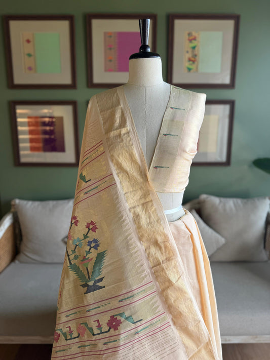 Pale Peach Cotton Paithani with Asavali Pallu