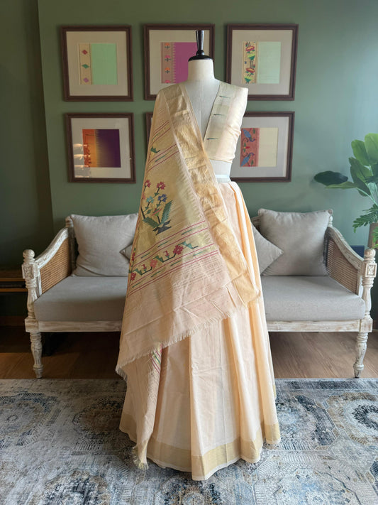 Pale Peach Cotton Paithani with Asavali Pallu