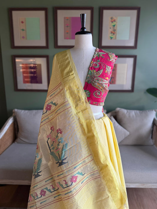 Light Yellow Cotton Paithani with Asavali Pallu