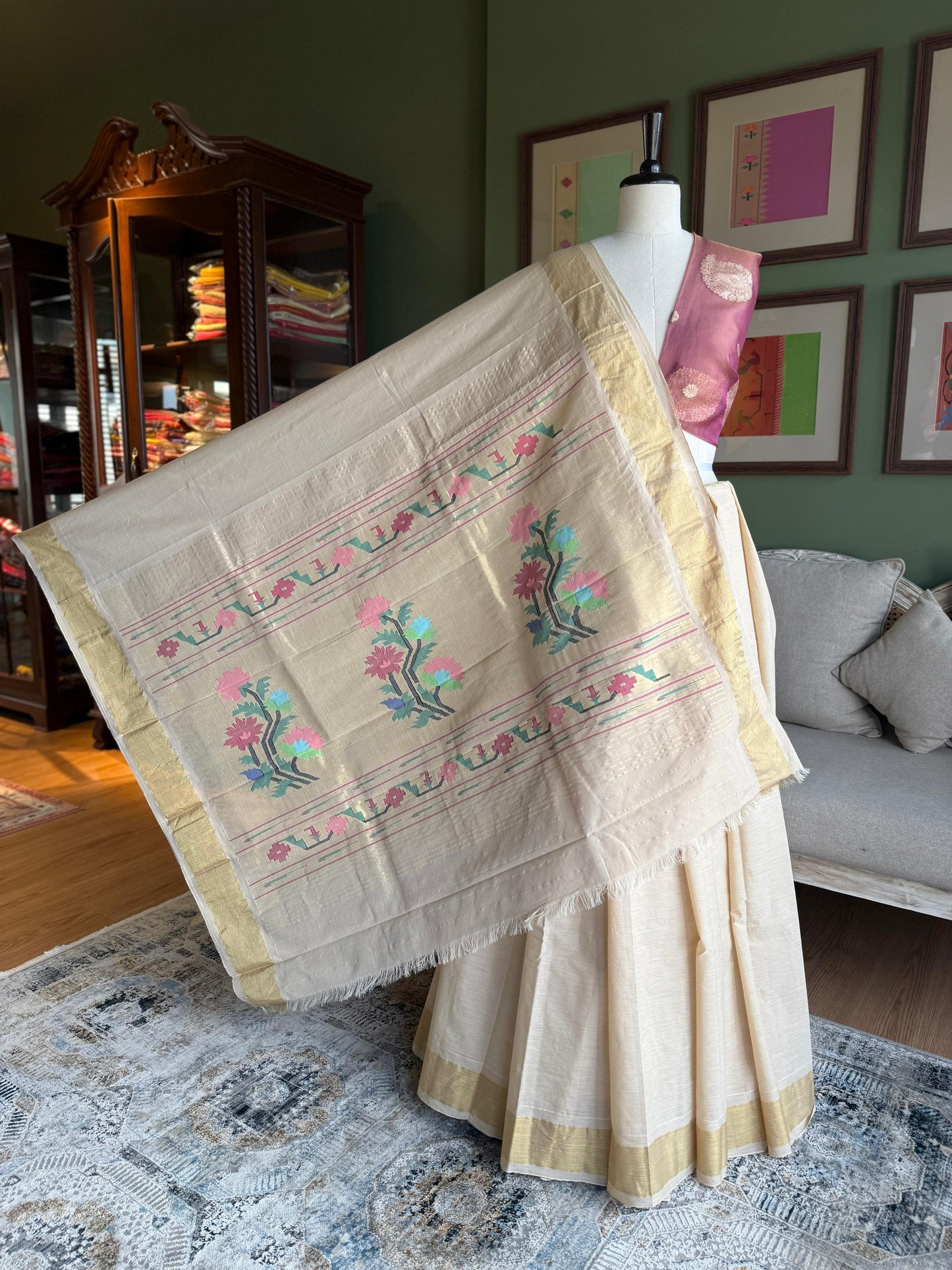 Beige Cotton Paithani with Floral Pallu